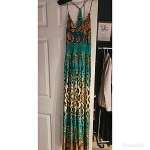 Fashion Nova Teal and Cheetah Print Maxi Dress